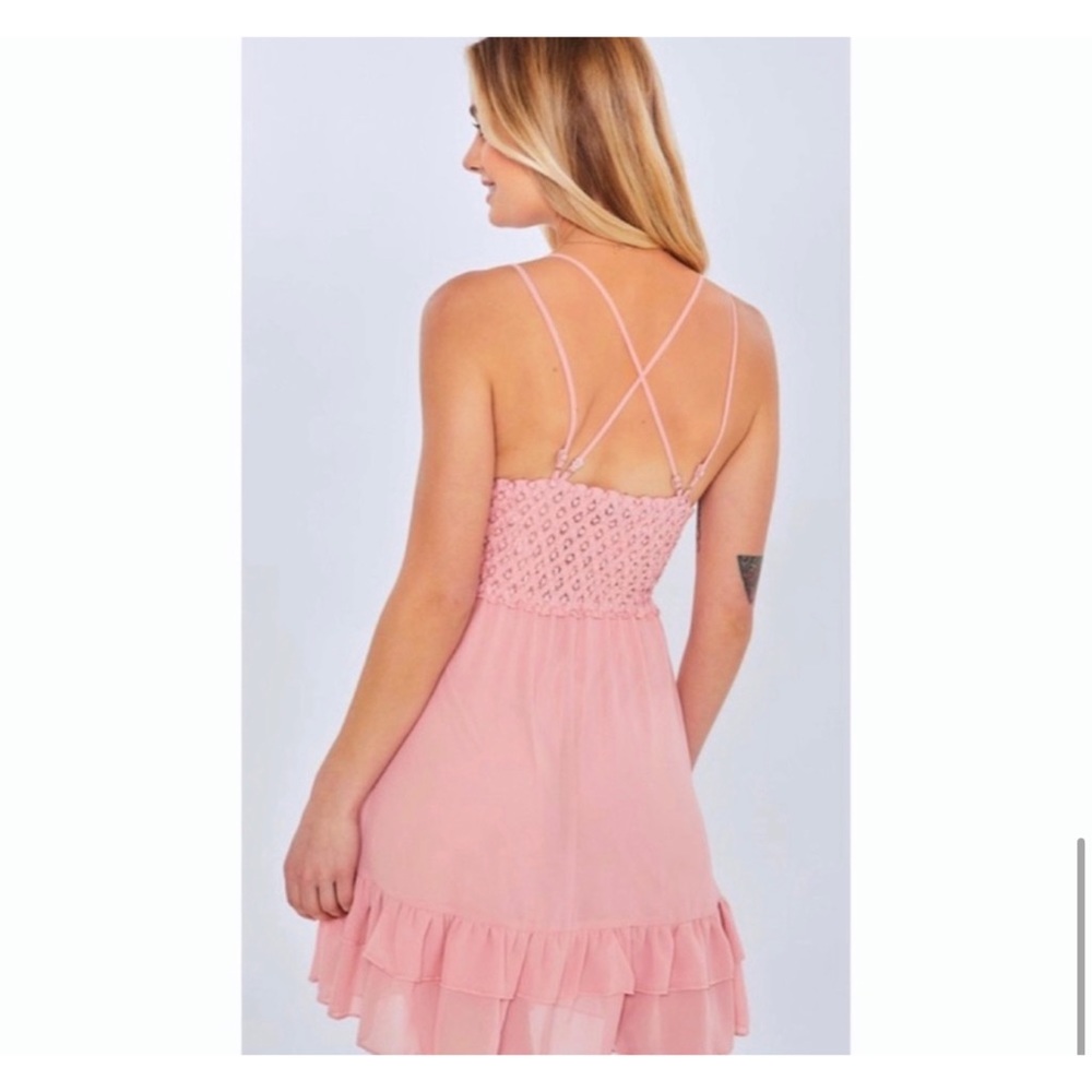 1 LEFT! Blush Tiered Lined Lace Cami Top Adjustable Back Shirred Dress - Picture 6 of 7